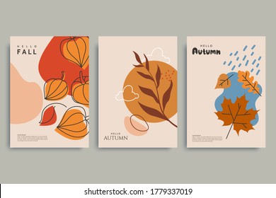 Colorful autumn backgrounds in vintage style. Autumn banner collection. Minimal composition with plants, fallen leaves, flowers. Use for invitation, print design, discount voucher, ad. Vector eps 10