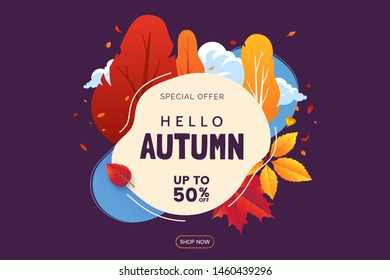 Colorful Autumn banner. Falling leaves and trees with bright colored foliage. Fall card design. Promo illustration for Autumn Sale. Vector eps 10.