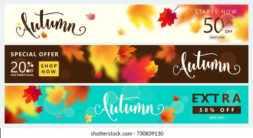 Colorful autumn banner set. Fall sale background with bright maple leaves, light effect, season type lettering text sign 50 percent, 20 Off. Vector illustration