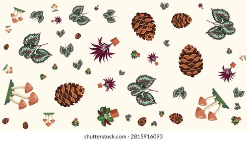 a colorful autumn botanical pattern featuring pinecones holly leaves mushrooms and berries suitable for seasonal design and nature-themed projects