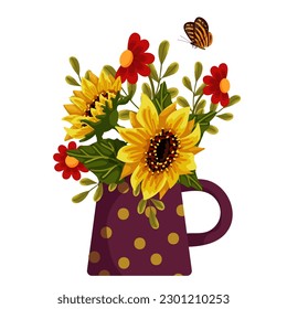 Colorful autumn bouquet of sunflower flowers, autumn leaves in a vintage vase.Vector graphics.