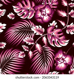 colorful autumn, bright light palm leaves and monstera  with abstract flower tropical plants seamless pattern on dark background. floral background. fashionable texture. summer