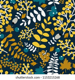 Colorful autumn bright seamless pattern with yellow and white leaves, Rowan berries on dark blue background. Hand vector illustration. Perfect for magazine covers, creating fabrics.