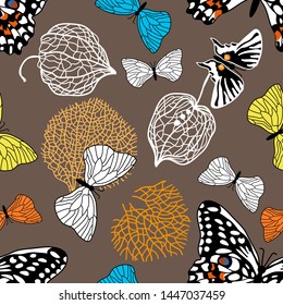 Colorful autumn butterflies. Seamless vector pattern with graphic elements inspired by nature. Trendy design for cards, packaging and textile. On brown background.