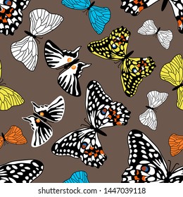 Colorful autumn butterflies. Seamless vector pattern with graphic elements inspired by nature. Trendy design for cards, packaging and textile. On beige background.