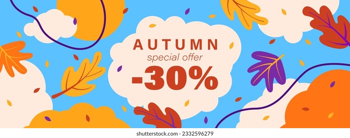 Colorful autumn card, background, shop sale promo banner. Place for text. Bright blue autumn sky with clouds. Red, yellow, orange leaves.