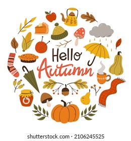 Colorful autumn card with seasonal elements. Warm clothes, pumpkings, apple pie, leaves and twigs. Hand drawn vector illustration with isolated elements.