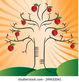 Colorful, autumn card with tree and many red apples