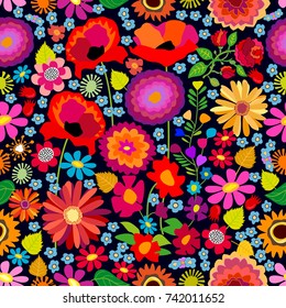 Colorful autumn carpet. Seamless vector pattern with asters, chrysanthemums, poppies and sunflowers on black background. Folk art style textile collection.