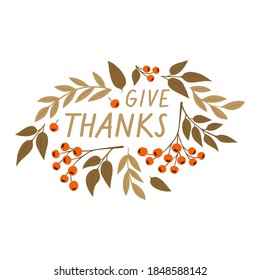 Colorful Autumn Centerpiece With Hazelnut Rowan Berry Tree Fruits And Leaves. Flat Autumn Botanical Vector Centerpiece Illustration With Thanksgiving Wishes In English Isolated On White Background.