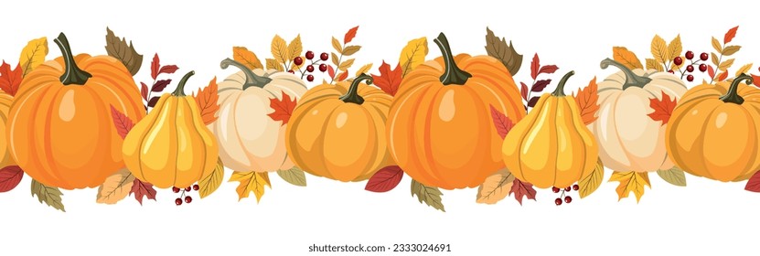 Calabazas coloridas de color otoñal, bayas y hojas patrón horizontal sin costura. Aislado sobre fondo blanco. Diseño estacional de banner de otoño para saludos o promoción.