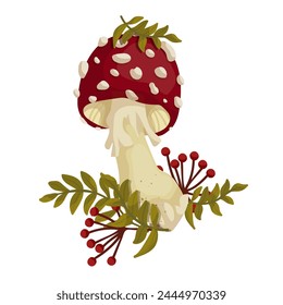 Colorful autumn compositions with fly agaric mushrooms, pine branches, autumn leaves.
