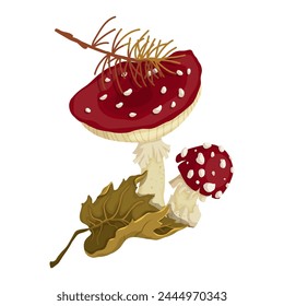 Colorful autumn compositions with fly agaric mushrooms, pine branches, autumn leaves.