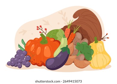Cornucópia de outono colorida com legumes. Abóbora desenhada à mão, berinjela, uva, cenoura, repolho, batata e brócolis. Chifre de abundância para o festival da colheita da queda ou dia de ação de graças. Ilustração vetorial