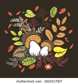 Colorful autumn design composition with mushrooms fall leaves in grass. vector illustration isolated on brown background for postcard, greetings, poster.