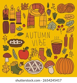 Colorful autumn doodle collection with hand-drawn pies, pumpkins, leaves, socks, scarf, and candles. For seasonal cards, branding, packaging, stickers, greeting cards, posters, kids' crafts.