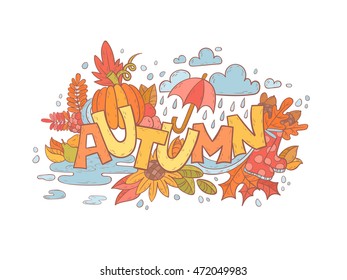 Colorful autumn doodle hand-drawn card for print, invitation and greeting postcards, commercial banners and templates, adult coloring books