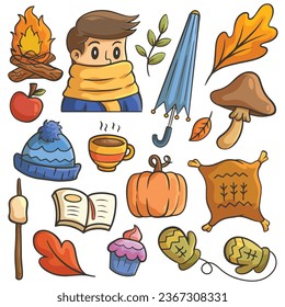 Colorful Autumn doodle set vector illustration, isolated on white background