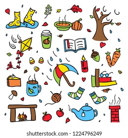 Colorful autumn doodle vector set isolated rainy and windy weather