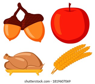 Colorful autumn element set. Festive thanksgiving party food. Fall themed vector illustration for icon, logo, poster, postcard or invitation card decor