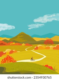 Colorido paisaje vectorial del otoño otoño. Un hombre en bicicleta disfruta de la temporada de otoño sereno paisaje rural campos dorados, bosque, montaña paisaje de fondo. Ilustración de viaje turístico de fin de semana de otoño