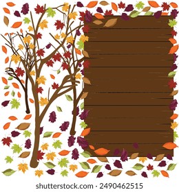 Colorful autumn falling leaves with empty wooden sign  illustration for announcements, events, menu, education, messages
