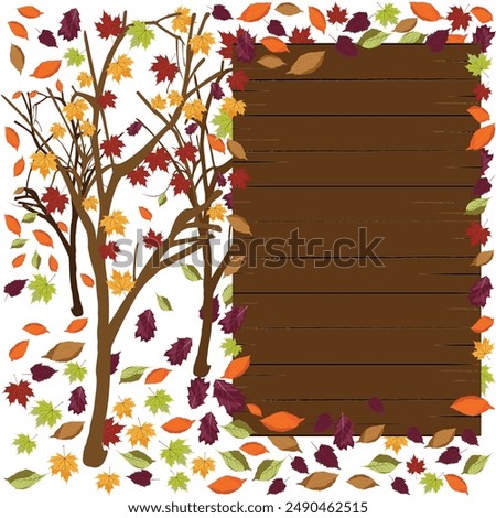 Colorful autumn falling leaves with empty wooden sign  illustration for announcements, events, menu, education, messages
