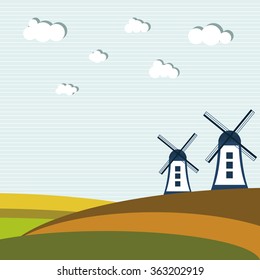 Colorful Autumn Fields With Windmills