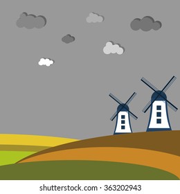 Colorful Autumn Fields With Windmills