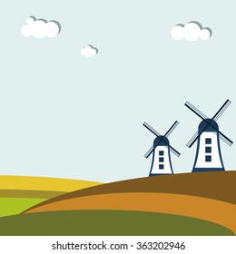 Colorful Autumn Fields With Windmills