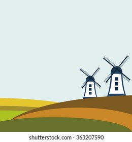 Colorful Autumn Fields With Windmills