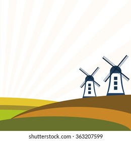 Colorful Autumn Fields With Windmills