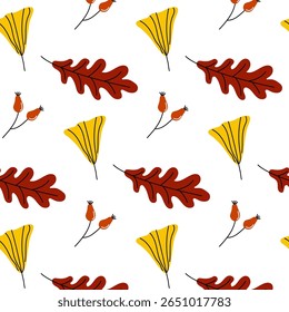 Colorful autumn floral pattern with yellow leaves and red oak leaves on a white background