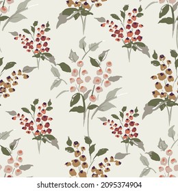 Colorful autumn flowers and leaves pattern on beige background.