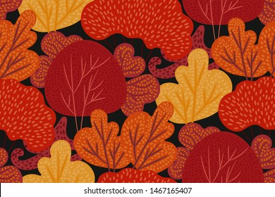 Colorful autumn forest on dark background seamless pattern. Different kinds of hand-drawn trees in bright yellow, red, orange colors. Vintage floral print. Perfect grunge template, backdrop. Vector.