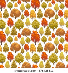 Colorful autumn forest seamless pattern design. Background with trees. Vector illustration