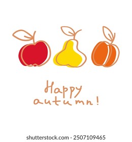 Colorful autumn fruits illustration featuring apples, pears, and pumpkins set against a white background with a cheerful happy autumn greeting
