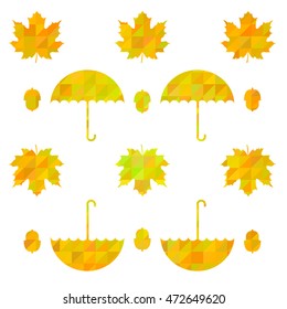 Colorful autumn geometric triangular background card with leaves, umbrella, nuts