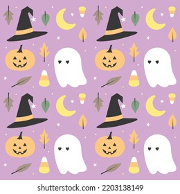 Colorful Autumn Halloween pattern design with ghost, witch hat, pumpkin, candy corn, leaves and moon