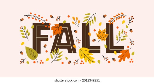 Colorful autumn horizontal banner with seasonal leaves, acorns and lettering fall on pastel background. Trendy vector illustration