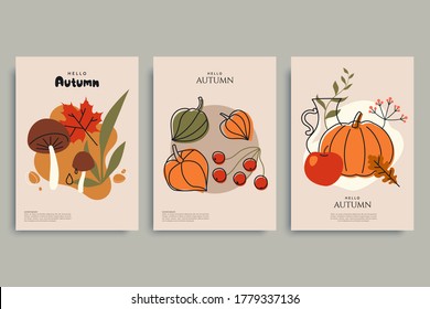 Colorful autumn illustrations in vintage style. Autumn background collection. Composition with harvest, mushrooms, fallen leaves, berries and autumn flowers. Use for invitation, print design, card.