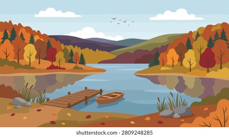 Colorful autumn landscape featuring a small wooden boat moored at a quiet lake dock surrounded by vibrant orange fall trees