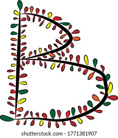 Colorful autumn Latin alphabet. The letter B is drawn by hand with a brush. Black branches and red, green, orange, yellow leaves.