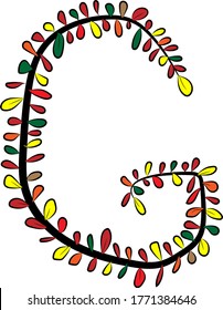 Colorful autumn Latin alphabet. The letter G is drawn by hand with a brush. Black branches and red, green, orange, yellow leaves.