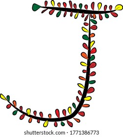 Colorful autumn Latin alphabet. The letter J is drawn by hand with a brush. Black branches and red, green, orange, yellow leaves. Foliage of a Bush. Vector image. Calligraphy and lettering.Eco, nature