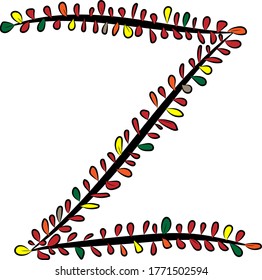 Colorful autumn Latin alphabet. The letter Z is drawn by hand with a brush. Black branches and red, green, orange, yellow leaves. Foliage of a Bush. Vector image. Calligraphy and lettering. Eco,nature