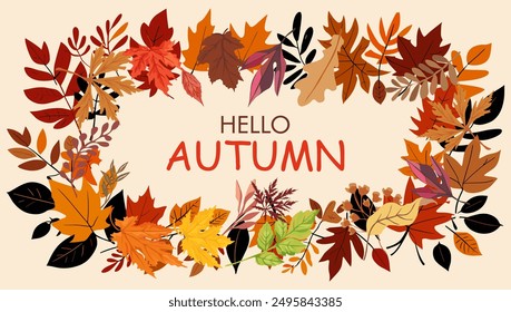 A colorful autumn leaf frame design with the words "hello autumn". Fall beauty of nature. Vector illustration isolated on white background.