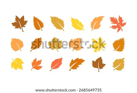 Colorful autumn leaf icons in various shapes, flat design with orange, red, yellow, and brown tones for seasonal decoration.
