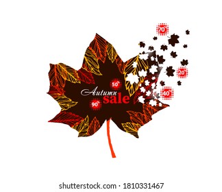 Colorful autumn leaf. Maple yellow leaf. Autumn discounts, sales. Mixed media. Vector illustration