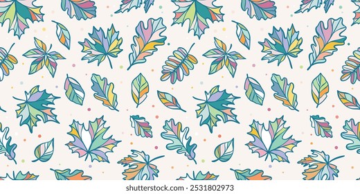 Patrón colorido del Vector de la hoja del otoño, diseño Horizontal del Anuncio, fondo repetido inconsútil, ilustraciones planas dibujadas a mano, Fondo de pantalla o impresión textil